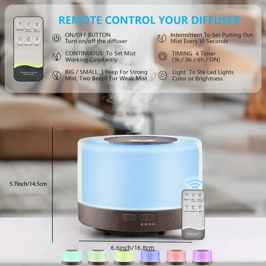 16.91oz Wood Grain Essential Oil Diffuser & Humidifier with Soundwave Tech, USB-Powered, Remote Control, Timer, Night Light, Top